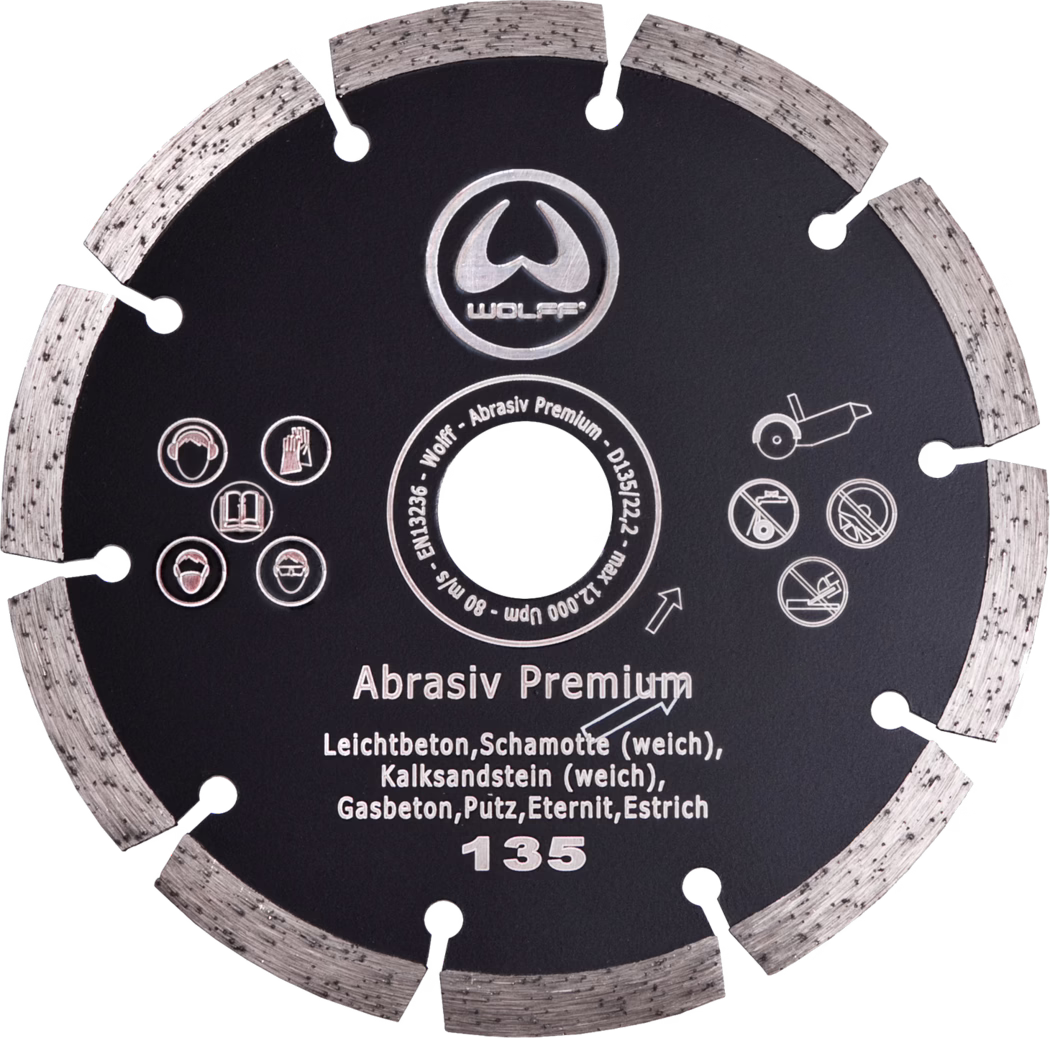 Zwarte gesegmenteerde diamantzaagschijf (135 mm) met opschrift 'Abrasiv Premium', geschikt voor lichtbeton, chamotte (zacht), kalkzandsteen (zacht), gasbeton, pleisterwerk, Eternit en dekvloer; middengat en veiligheidspictogrammen zichtbaar.