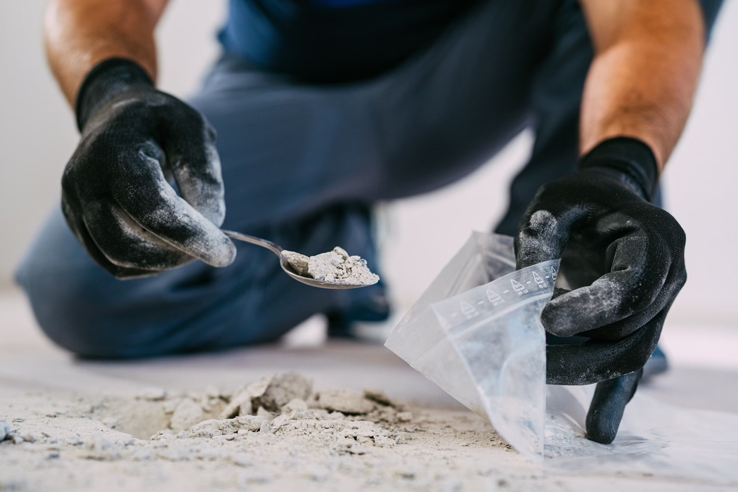 Close-up van met handschoenen beklede handen die met een lepel grijs betonstof en kleine puinbrokjes verzamelen en in een kleine doorzichtige hersluitbare plastic zak op de vloer doen. De foto richt zich op de gestructureerde zwarte werkhandschoenen en het poederige puin; een ondiepe hoop en een kleine opening in de vloer zijn zichtbaar, terwijl de gebogen knieën van de arbeider onscherp op de achtergrond zijn. Neutraal binnenlicht benadrukt het fijne stof en de ruwe fragmenten.
