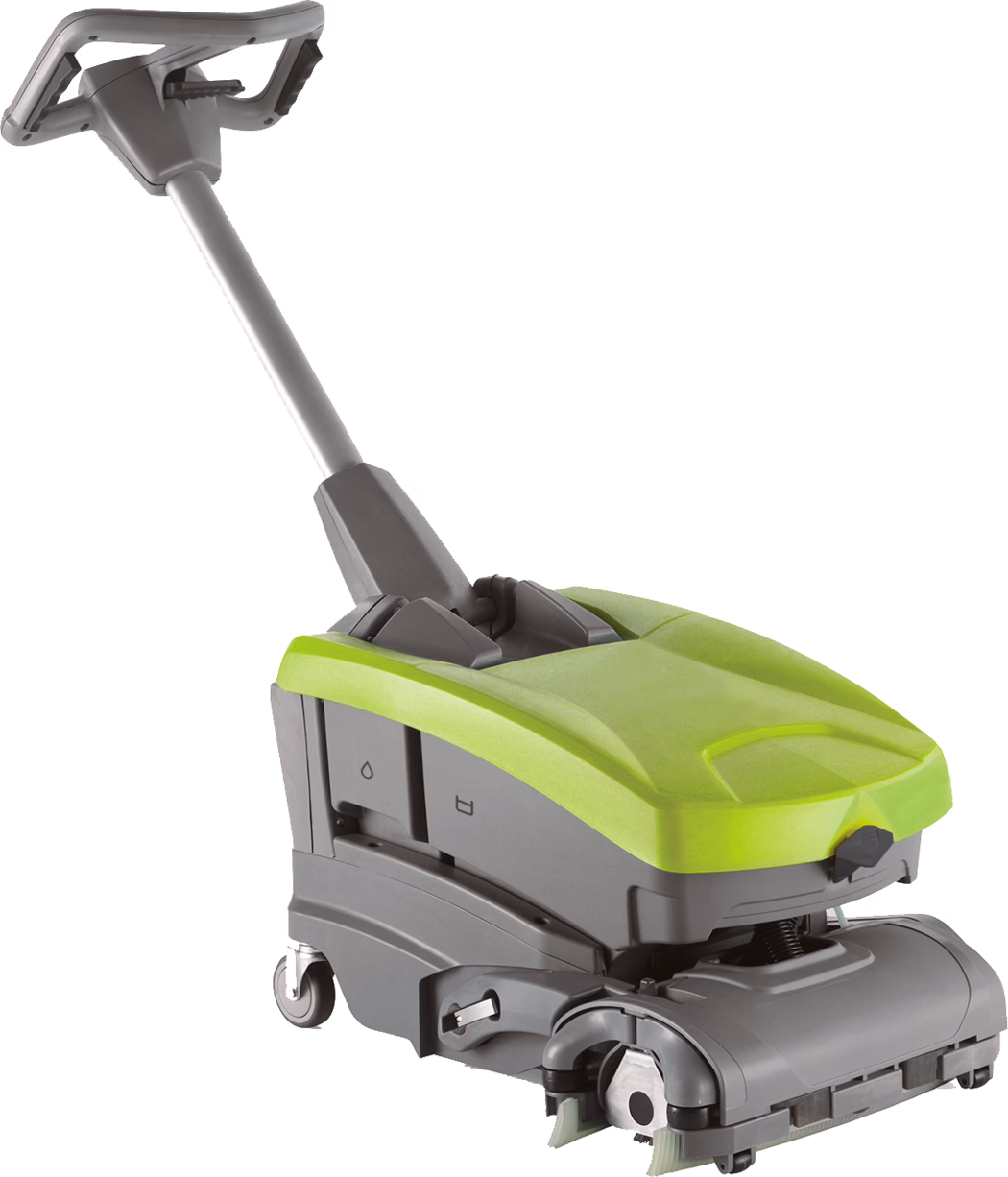 WOLFF_Dummy_83124_Cleanfox_2025-08 Compacte accugestuurde schrobmachine in grijs en limoengroen met een lange ergonomische hendel, frontaangebrachte cilindrische borstels, zwenkwielen en zichtbare indicatoren voor water- en oplossingsreservoirs; stevige kunststof behuizing en laag borsteldeksel, bedoeld voor commercieel binnengebruik.