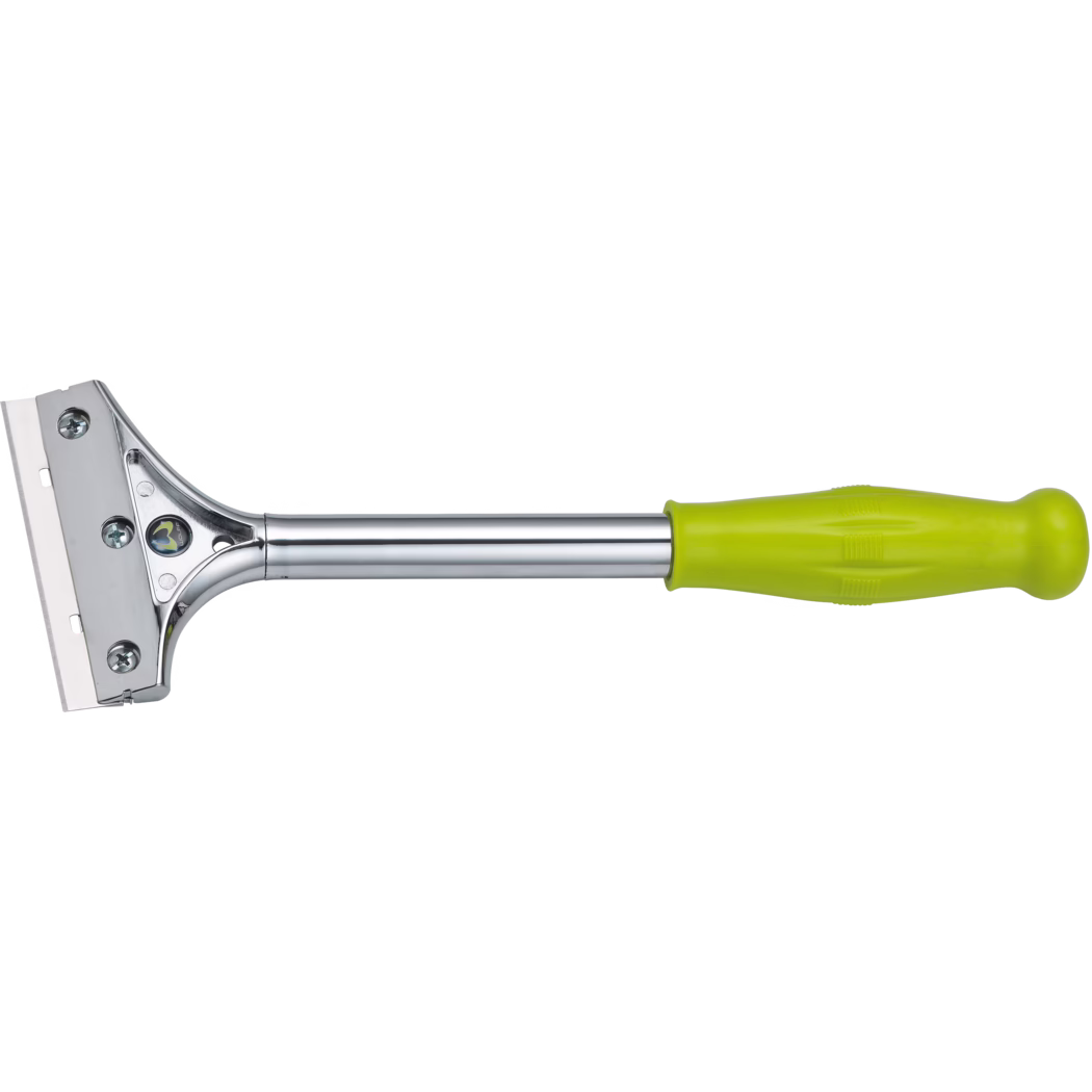 WOLFF_Dummy_51505_Hand Scraper_2025-08 Draagbare metalen krabber met rechte, vervangbare mes geplaatst op een verchroomde stalen schacht en een fel limoengroen ergonomisch kunststof handvat; drie zichtbare schroeven bevestigen de bladhouder. Ontworpen om verf, stickers of resten van glas en gladde oppervlakken te schrapen; gefotografeerd op witte achtergrond.