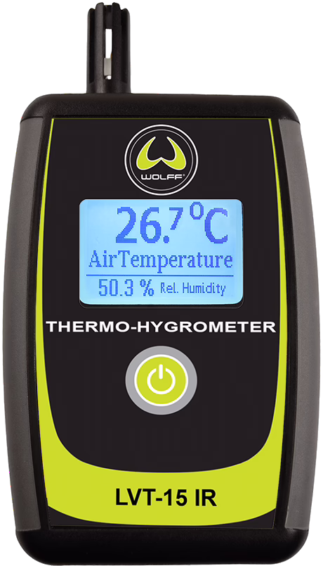 WOLFF_Dummy_83115_LVT15 IR_2025-08 Handheld thermo-hygrometer model LVT-15 IR van Wolff: zwarte en gele kunststof behuizing, verlicht LCD-scherm toont 26,7 °C luchttemperatuur en 50,3 % relatieve luchtvochtigheid, sensor bovenop en enkele aan/uit-knop onder het display; compact draagbaar instrument voor het meten van luchttemperatuur en relatieve luchtvochtigheid.